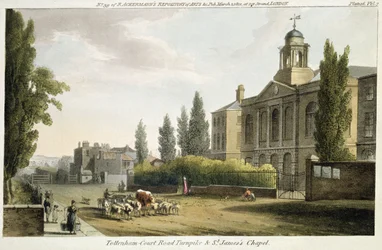 Turnpike de Tottenham Court Road et chapelle St. James, de 